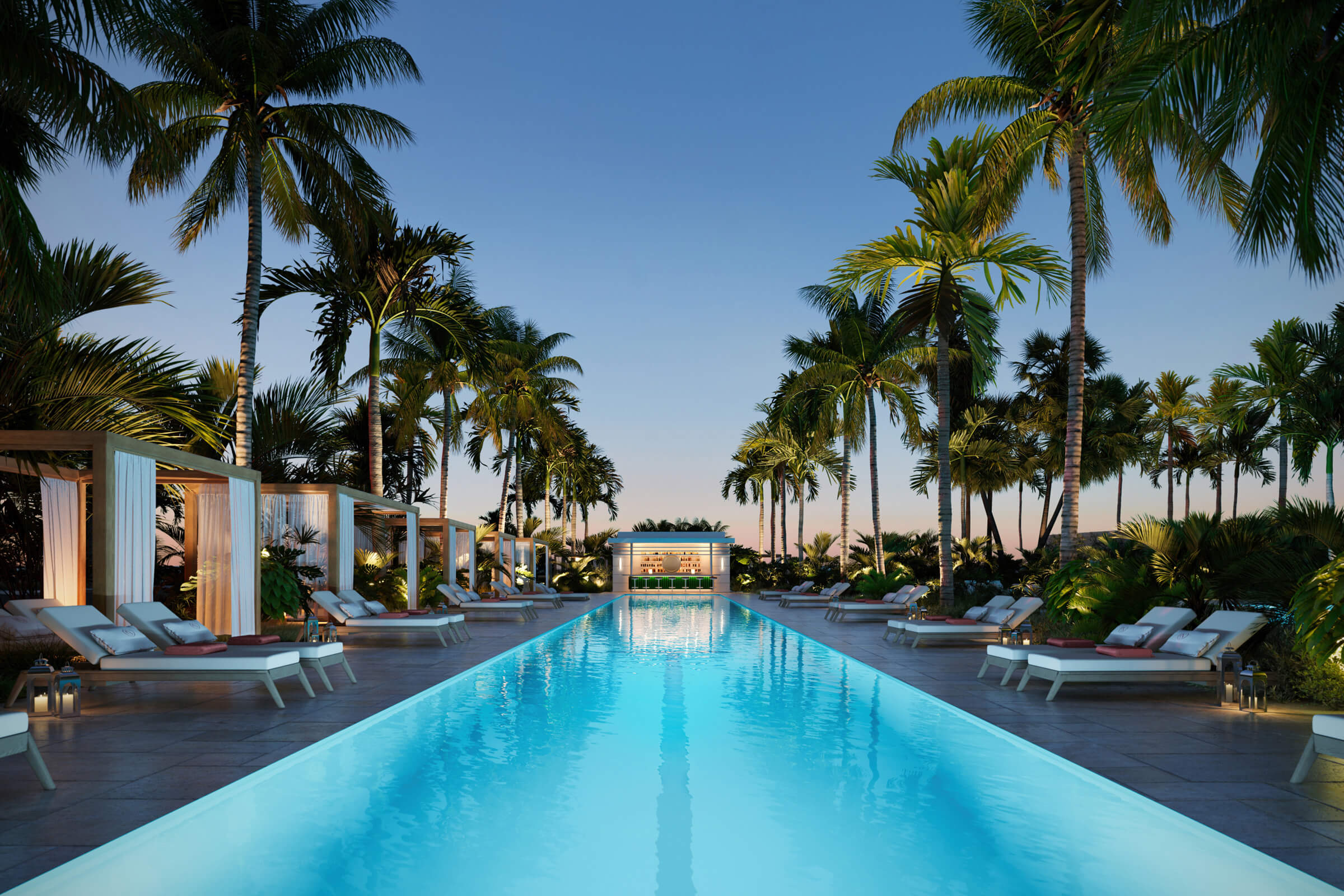 Oceanfront pool at sunset at Shore Club Private Collection